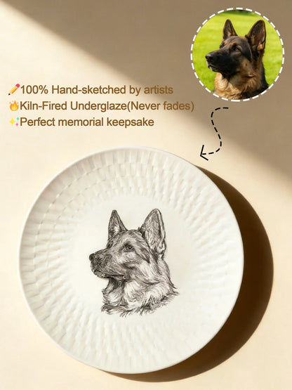 Custom Hand-Drawn Pet Portrait Ceramic Plate | Permanent Underglaze Memorial Art