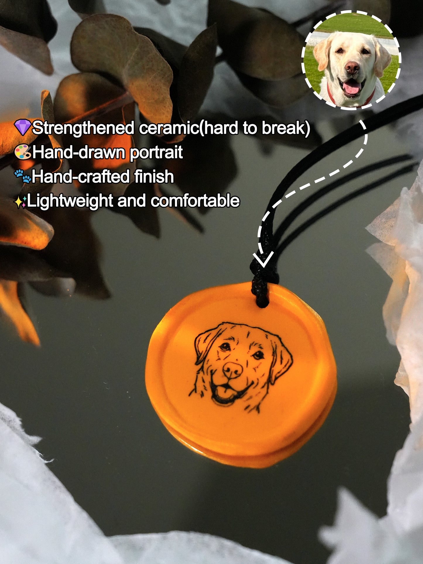Custom Handcrafted Ceramic Necklace With Hand-Drawn Portrait & Engraved Name