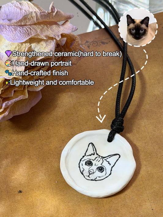 Custom Handcrafted Ceramic Necklace With Hand-Drawn Portrait & Engraved Name
