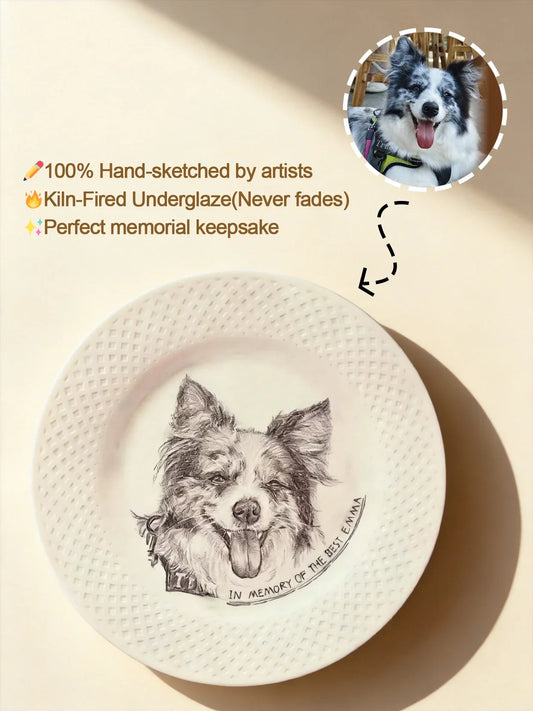 Custom Hand-Drawn Pet Portrait Ceramic Plate | Permanent Underglaze Memorial Art